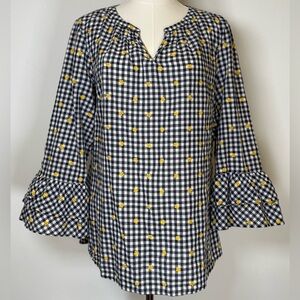 Talbots Navy And White Gingham Plaid Cotton Top Bell Sleeves Women’s Size Medium